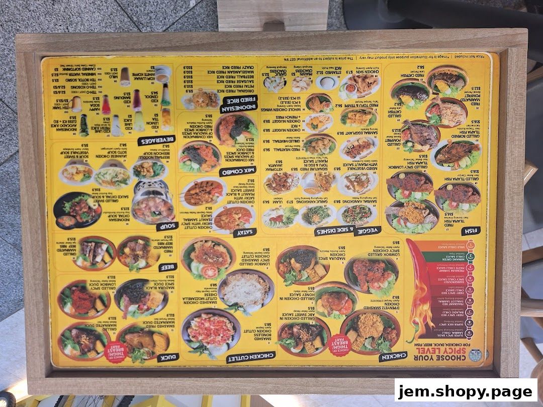 A colorful menu board displaying various Indonesian dishes with prices and images.