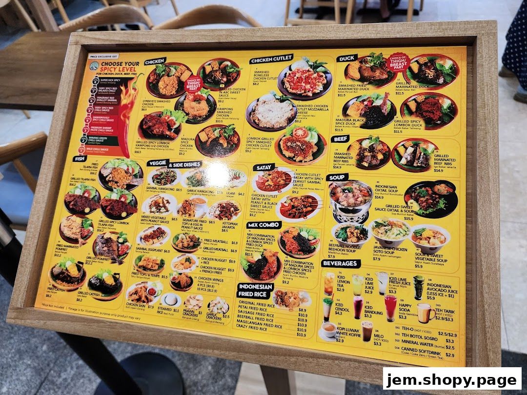 A menu board displaying various Indonesian dishes with images and prices.