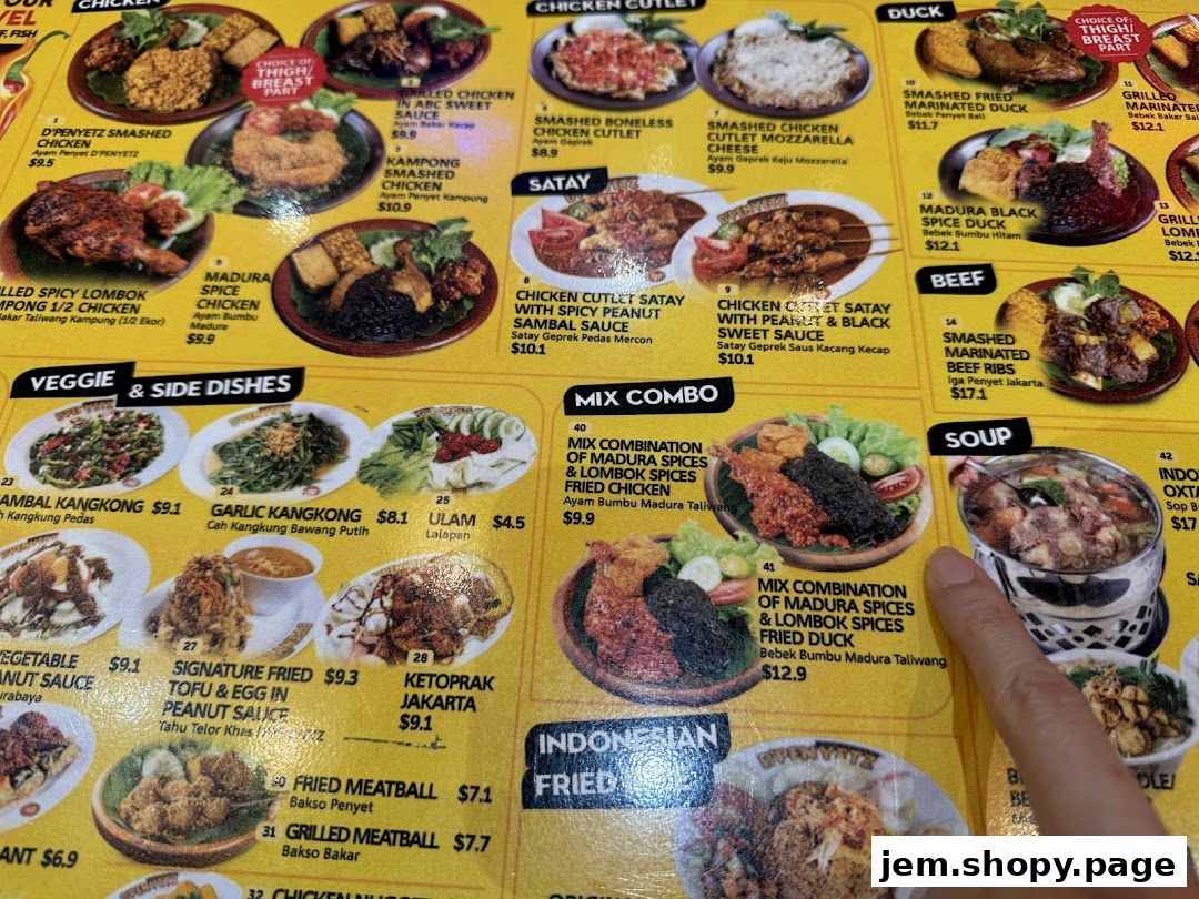 A colorful menu displaying various Indonesian dishes with images and prices.