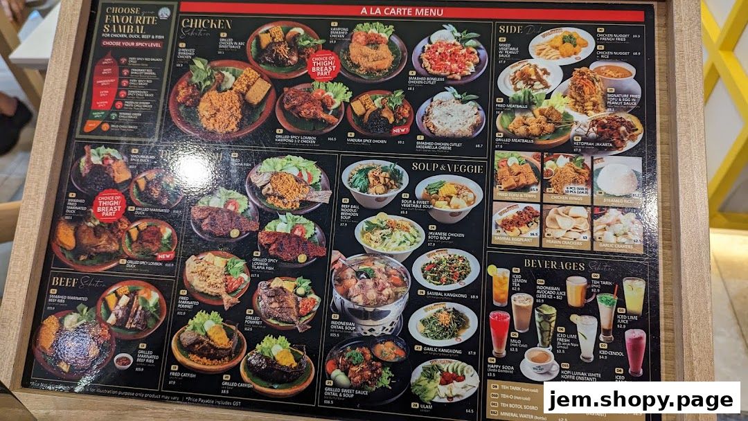 A menu board displaying a variety of Indonesian dishes, including chicken, beef, fish, soups, and beverages.