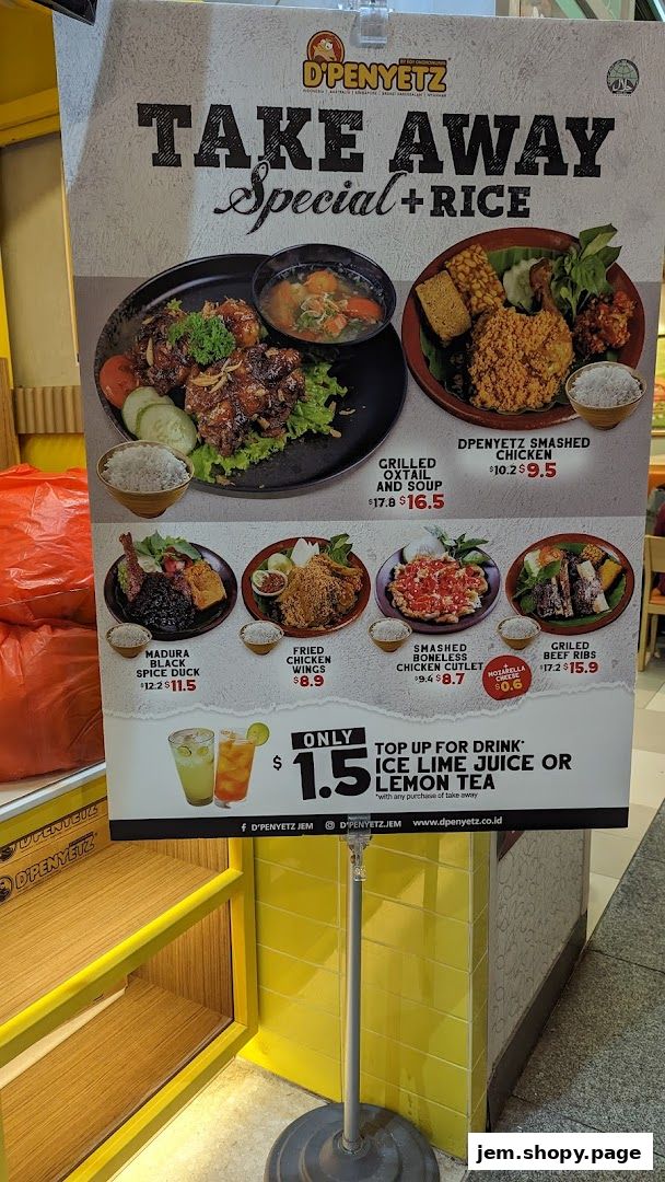 A take-away menu board for D'Penyetz featuring various Indonesian dishes and drink specials.
