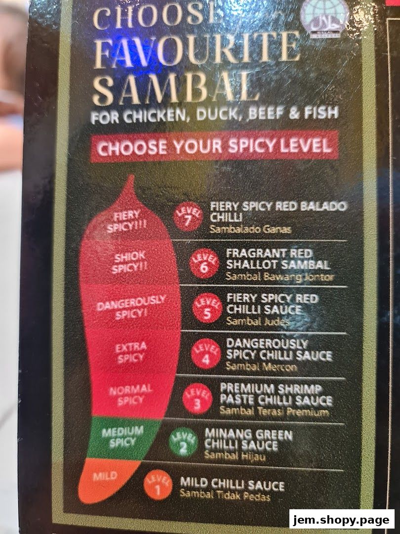 A menu displaying various sambal options with different spicy levels and descriptions.