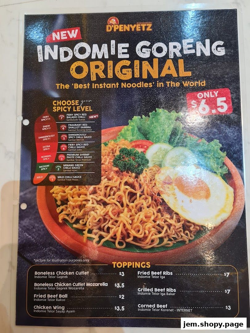A menu for D'Penyetz featuring Indomie Goreng Original with customizable spicy levels and toppings.
