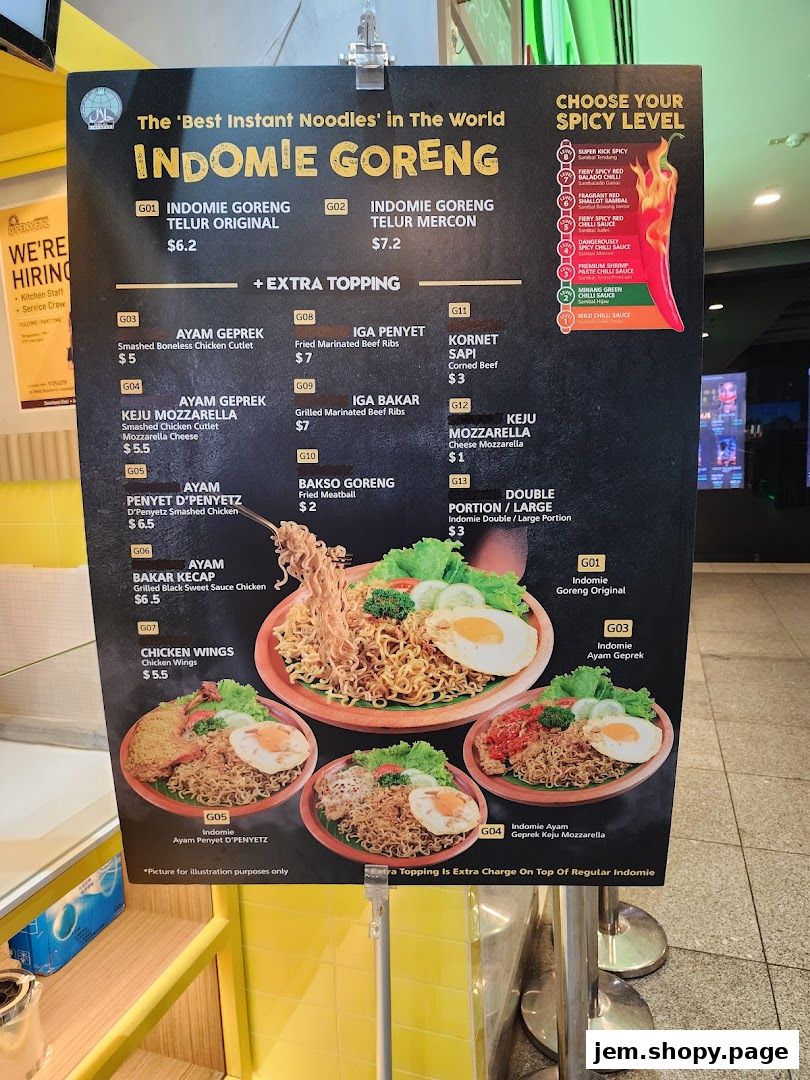 A menu board for Indomie Goreng with various noodle dishes and spicy level options.
