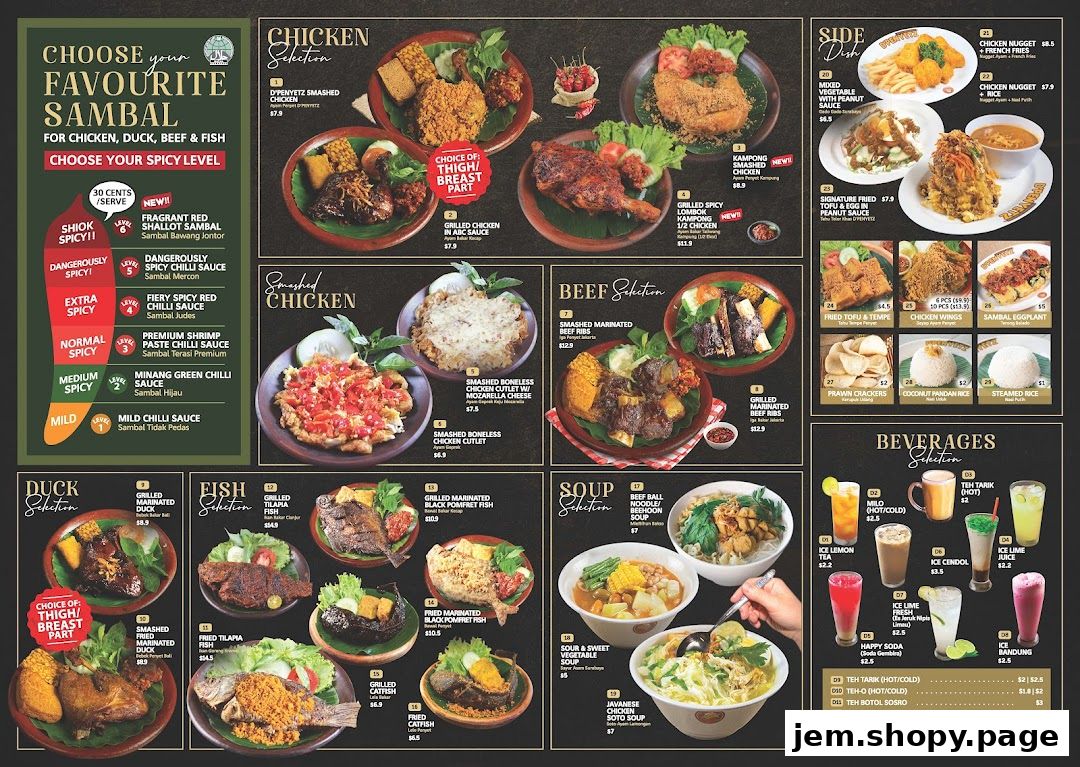 A comprehensive menu for D'Penyetz Jem, showcasing various chicken, duck, beef, fish, soup, side dishes, and beverages.