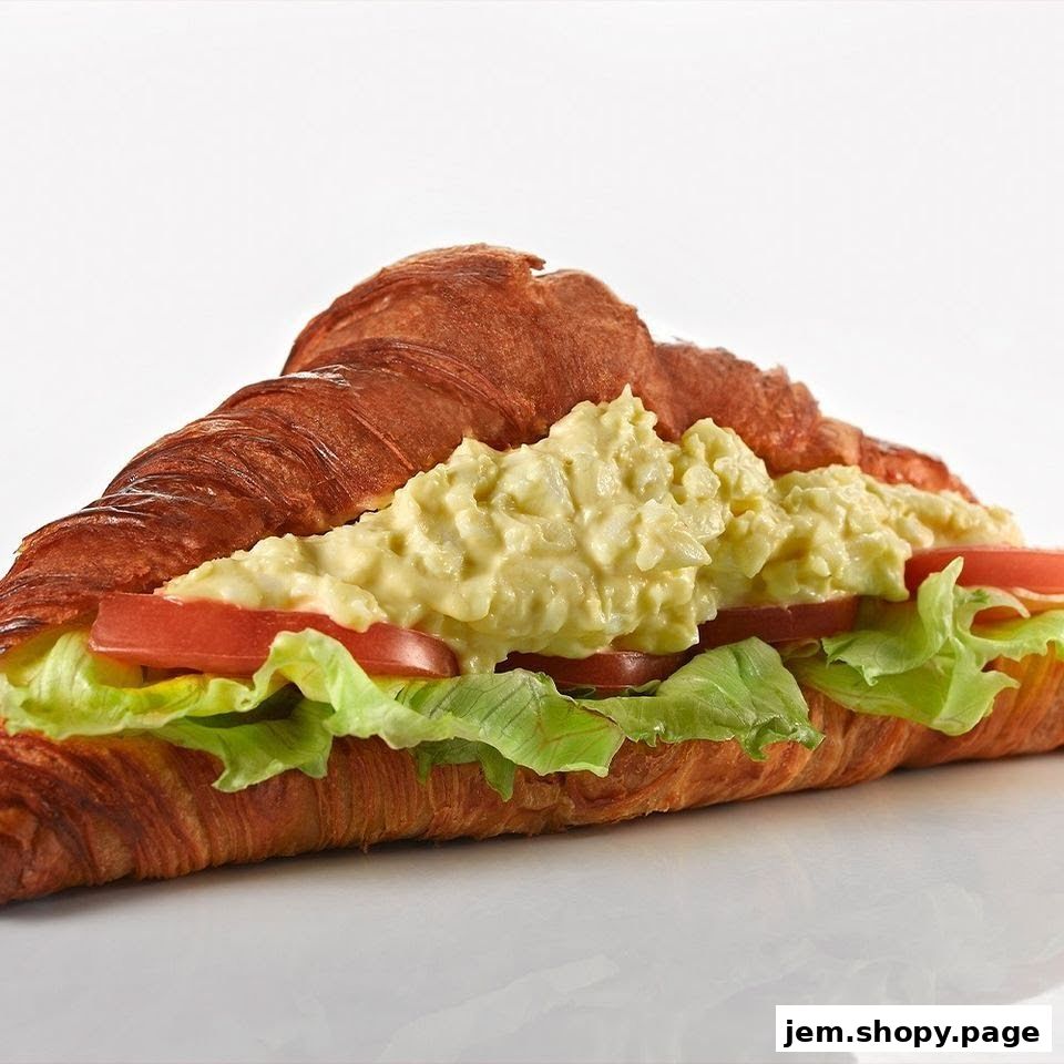 A delicious egg salad sandwich on a flaky croissant with lettuce and tomato.
