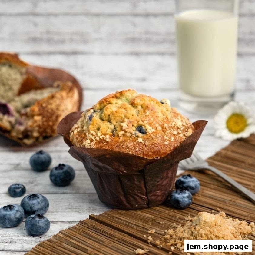 A close-up of a blueberry muffin with fresh blueberries and a glass of milk.