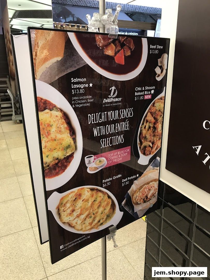 A menu board displaying various entree selections from Délifrance with prices.