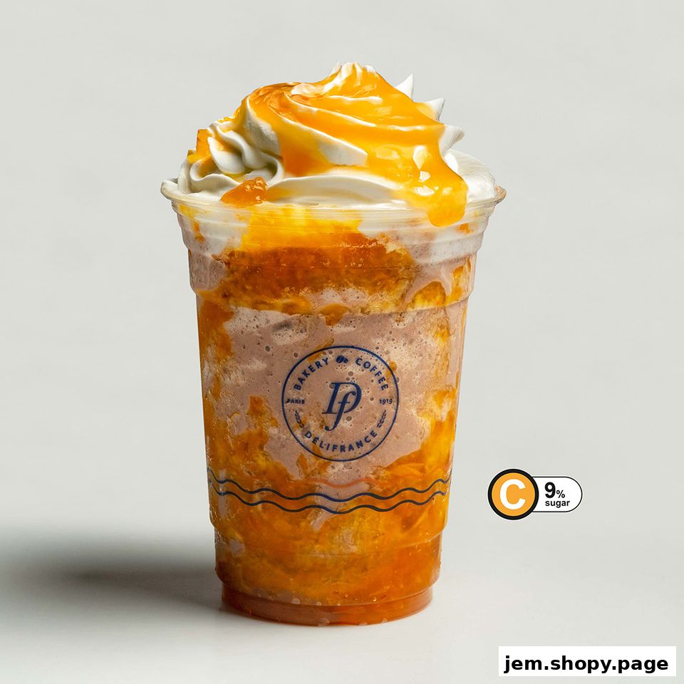 A decadent dessert drink from Délifrance with whipped cream and caramel drizzle.