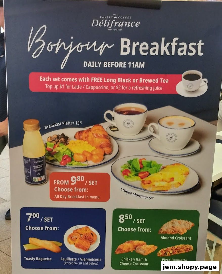 A breakfast menu from Délifrance featuring various set options and pastries.