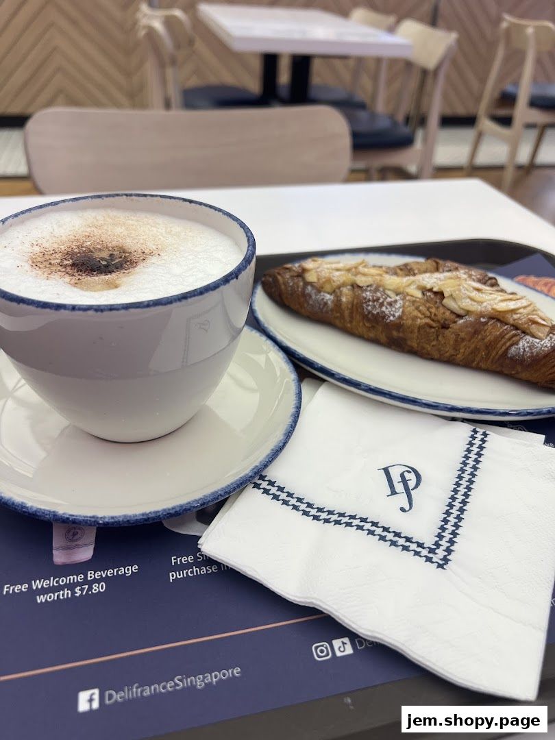 A close-up of a cappuccino and an almond croissant on a table at Délifrance.