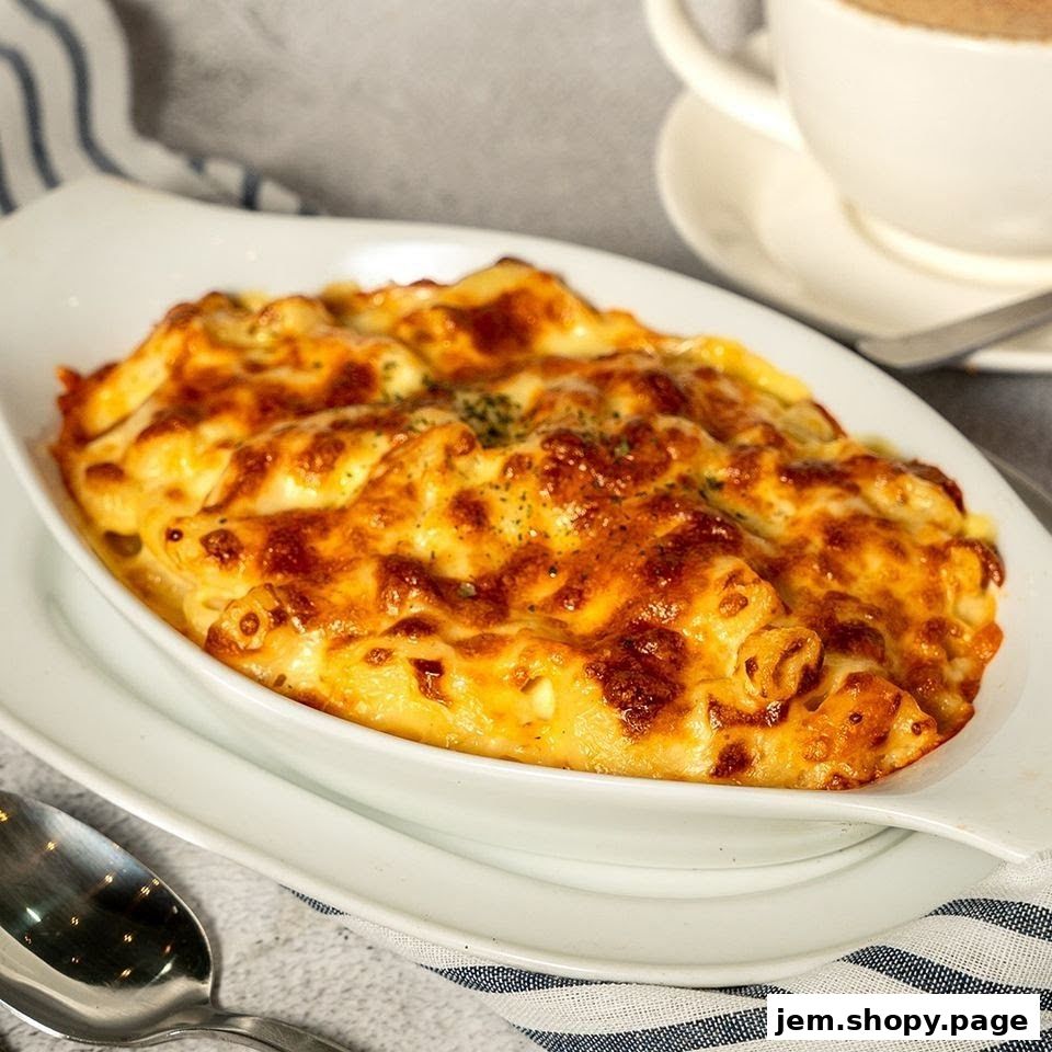 A close-up of a baked macaroni and cheese dish with a golden-brown cheesy crust.