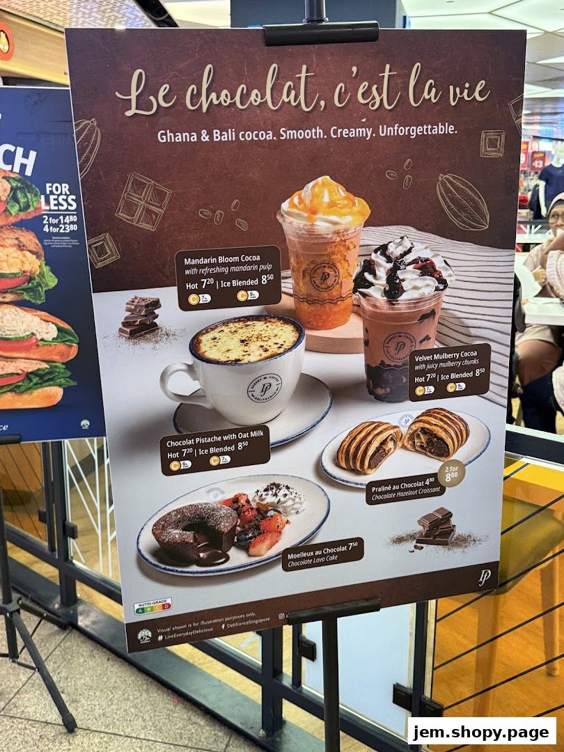A display board showcasing various chocolate-themed drinks and desserts from Délifrance.