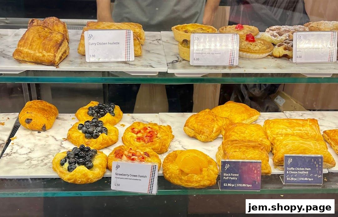 A display case filled with various pastries, including croissants, danishes, and puff pastries.