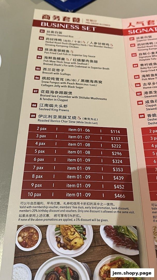 A menu from Dian Xiao Er JEM featuring business set meals with various dishes and prices.