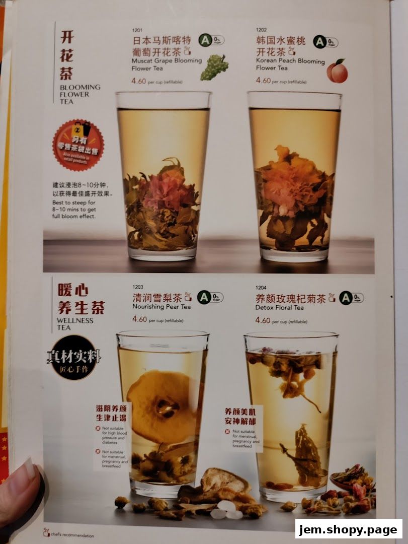 A menu showcasing four types of blooming and wellness teas with their descriptions and prices.