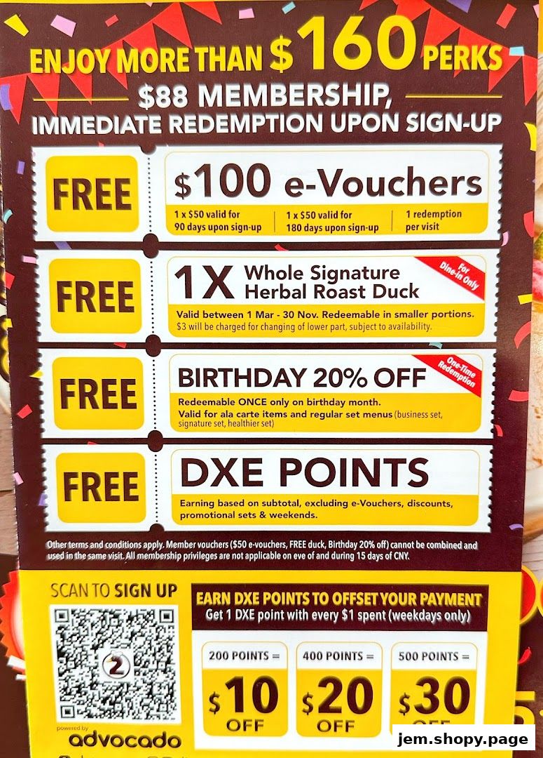 Promotional flyer detailing membership perks, e-vouchers, free duck, birthday discount, and DXE points.