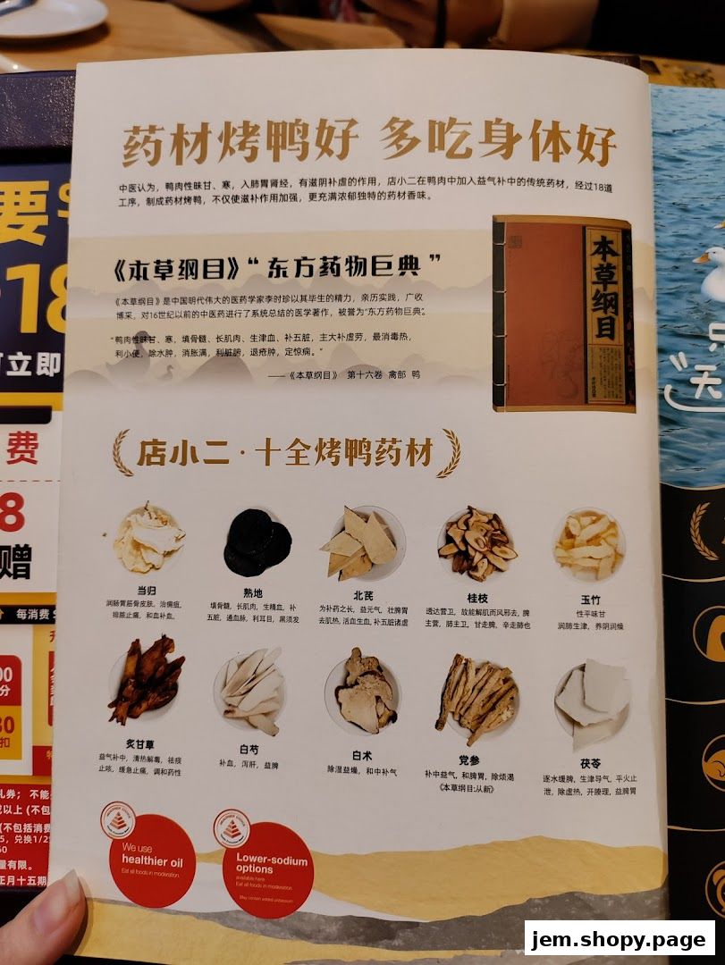 A menu showcasing medicinal ingredients used in roasted duck, with descriptions and images of herbs.