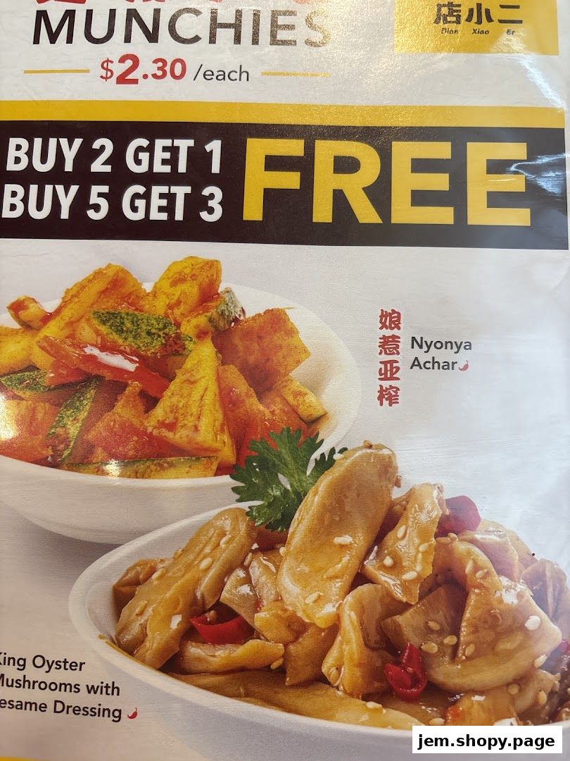 A menu featuring 'Munchies' with a buy 2 get 1 free offer and images of dishes.