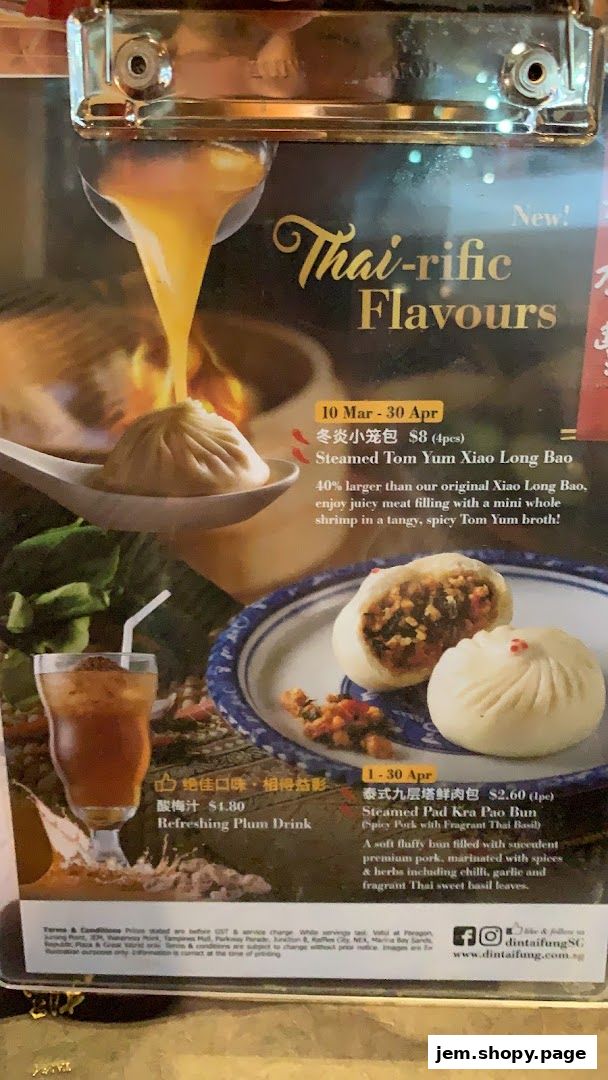 A menu featuring Thai-inspired dim sum and drinks, including Steamed Tom Yum Xiao Long Bao.