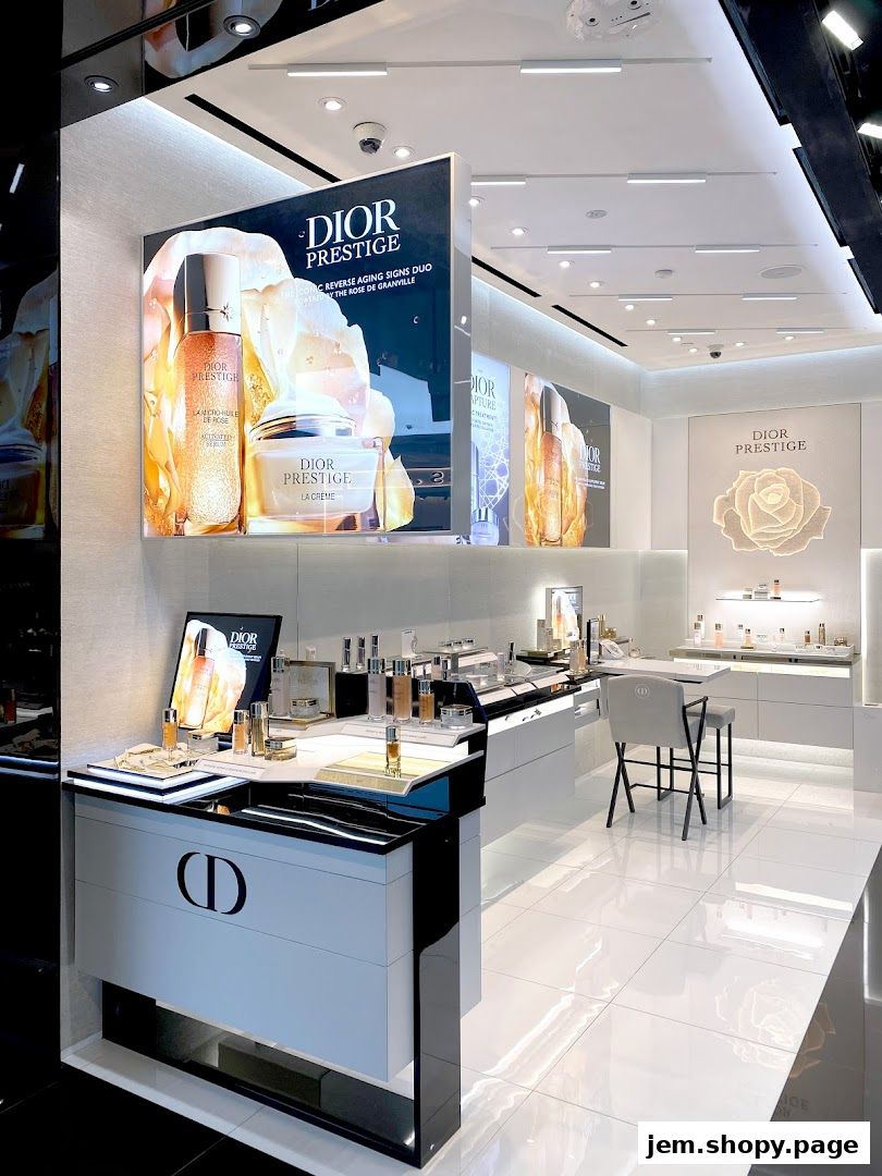 Interior of a Dior Prestige beauty boutique showcasing skincare products and displays.