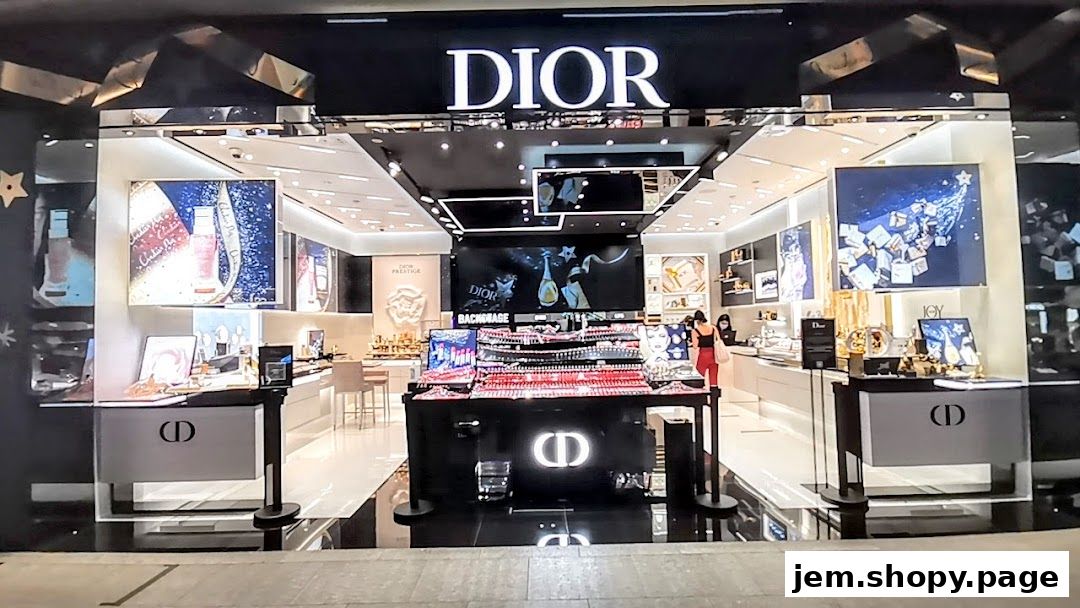 The elegant Dior Beauty boutique entrance, showcasing makeup displays and branded signage.