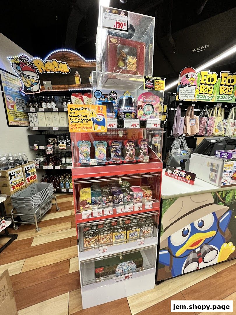 Display of trading cards, collectibles, and eco bags at Don Don Donki JEM.