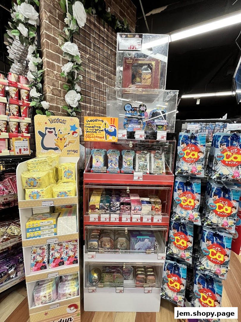 Display of Pokémon and Hello Kitty merchandise, including trading cards and candy.