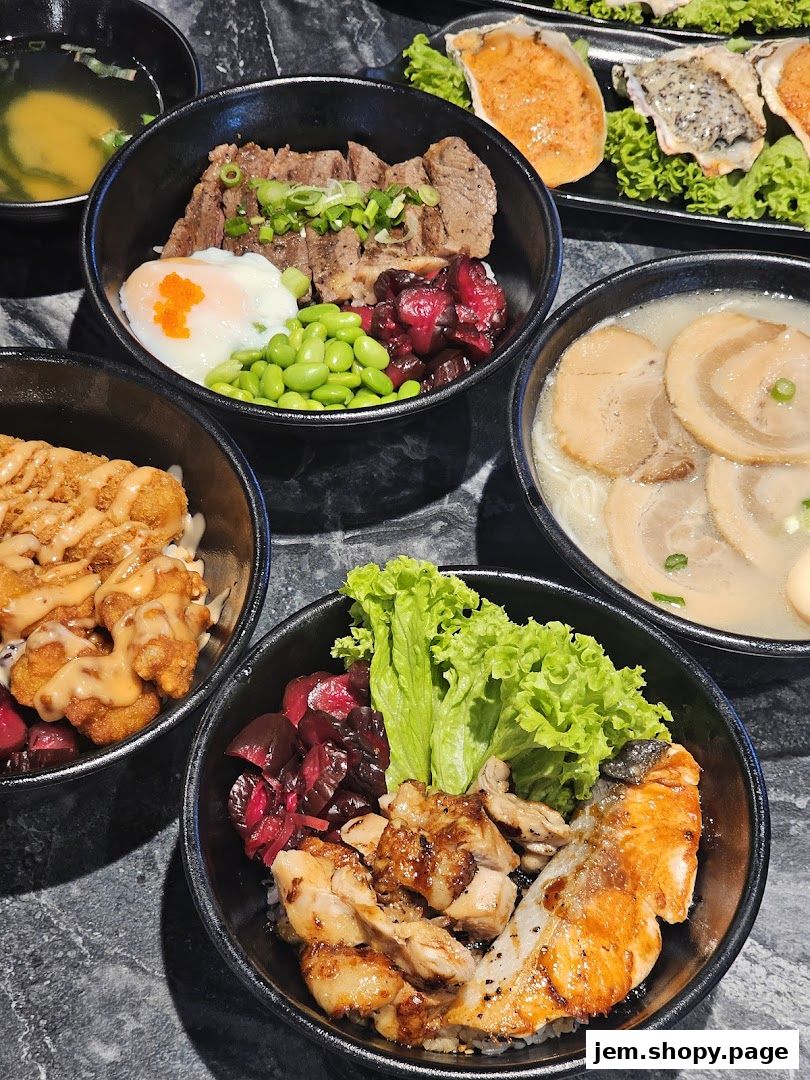 A variety of delicious Japanese rice bowls and ramen dishes are beautifully presented.