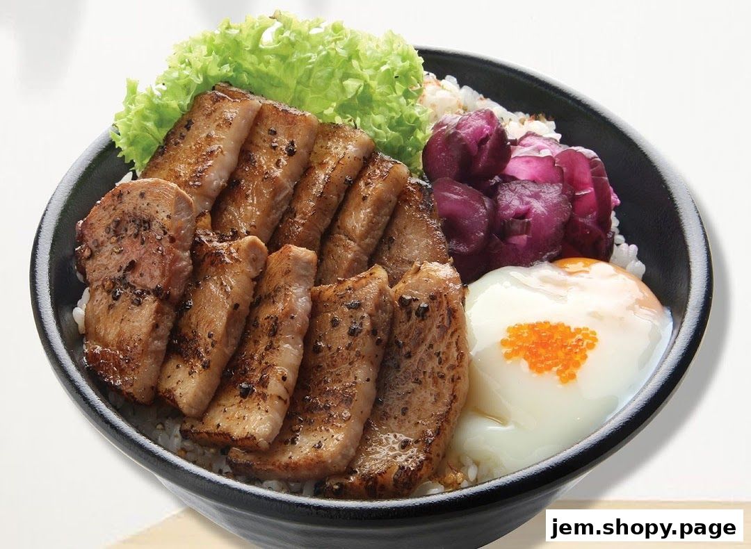 A close-up of a delicious rice bowl with grilled pork, pickled vegetables, and a soft-boiled egg.
