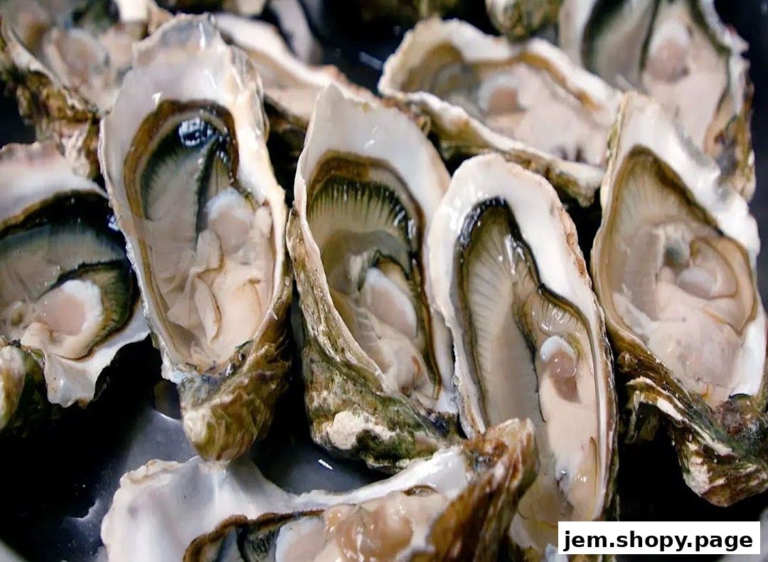 A close-up shot of freshly shucked oysters, showcasing their plump meat and briny liquor.