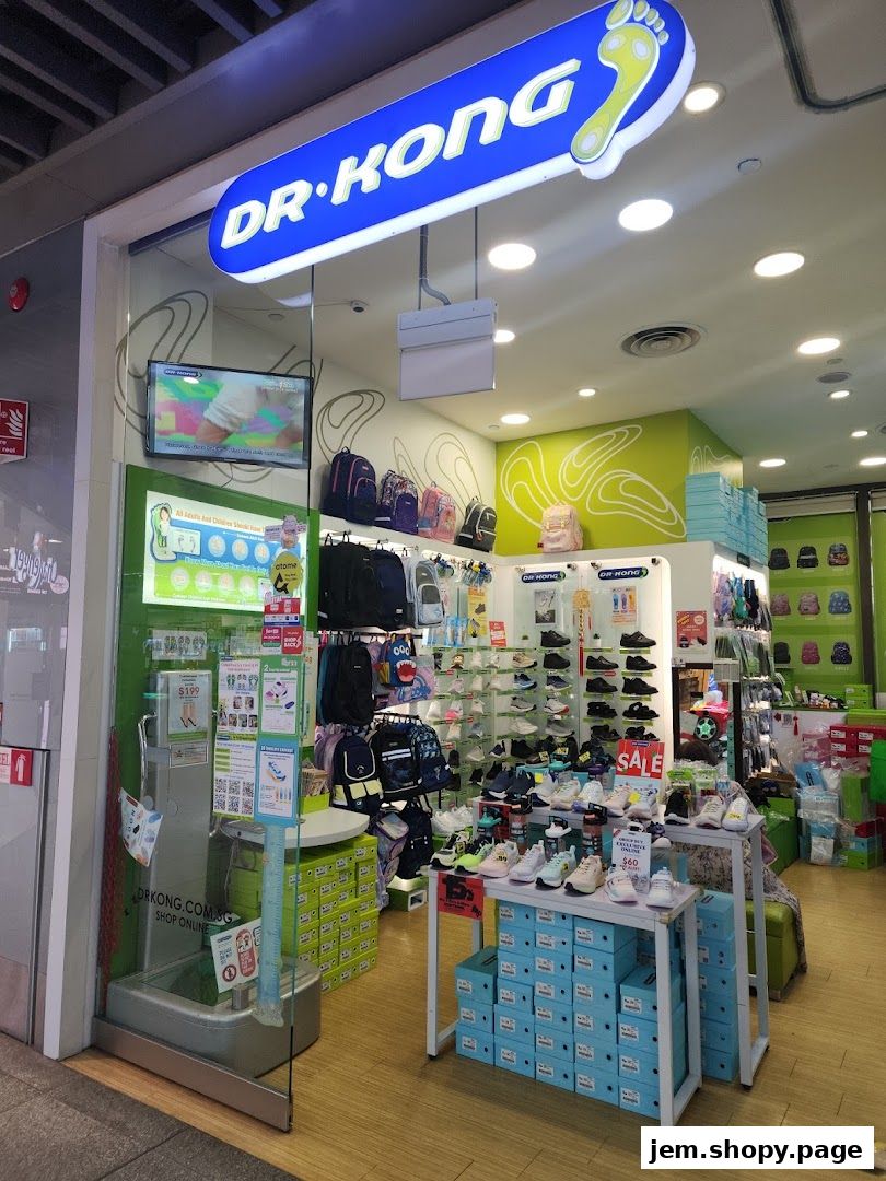 Dr. Kong shoe store entrance with shoes, backpacks, and sale signs displayed.