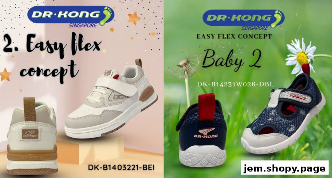 Advertisement for Dr. Kong Singapore featuring two pairs of children's shoes.