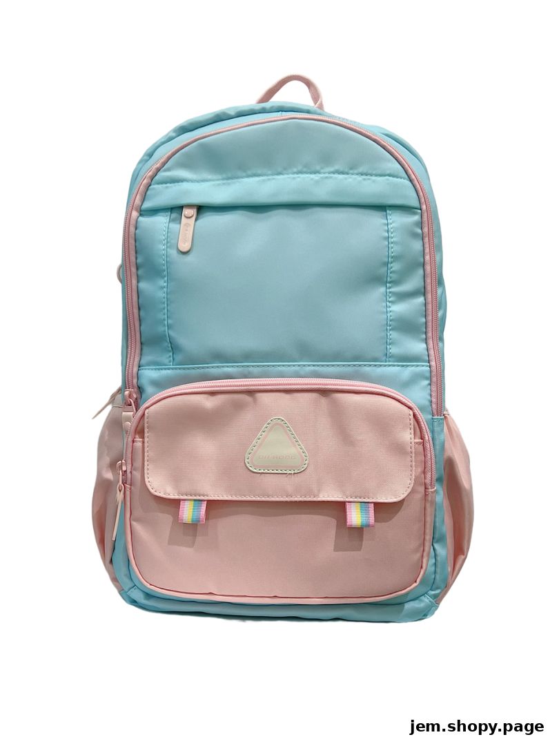 A pastel blue and pink backpack with multiple pockets and colorful accents.