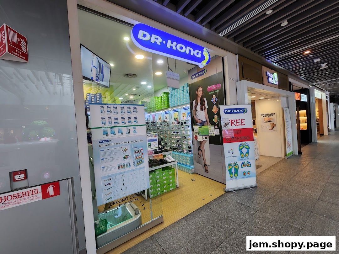 Exterior view of Dr. Kong shoe store showcasing footwear and foot care services.