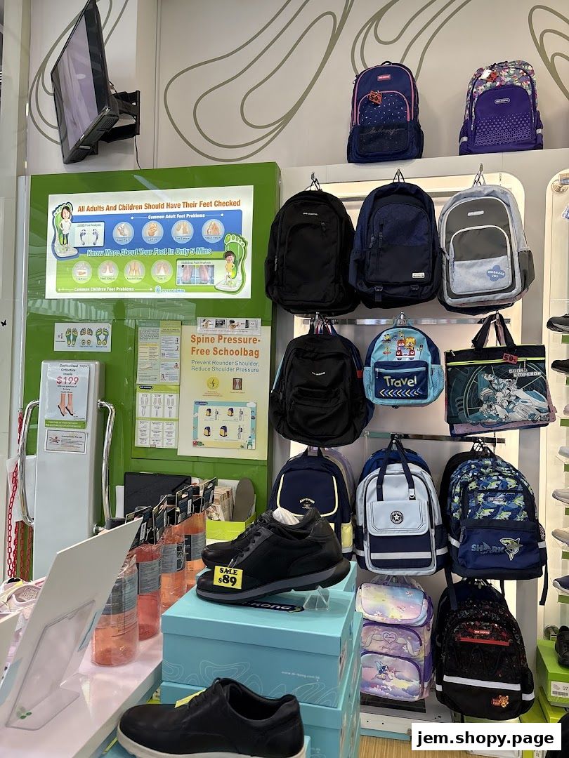 Interior view of Dr. Kong JEM shop displaying shoes, backpacks, and educational posters about foot health.