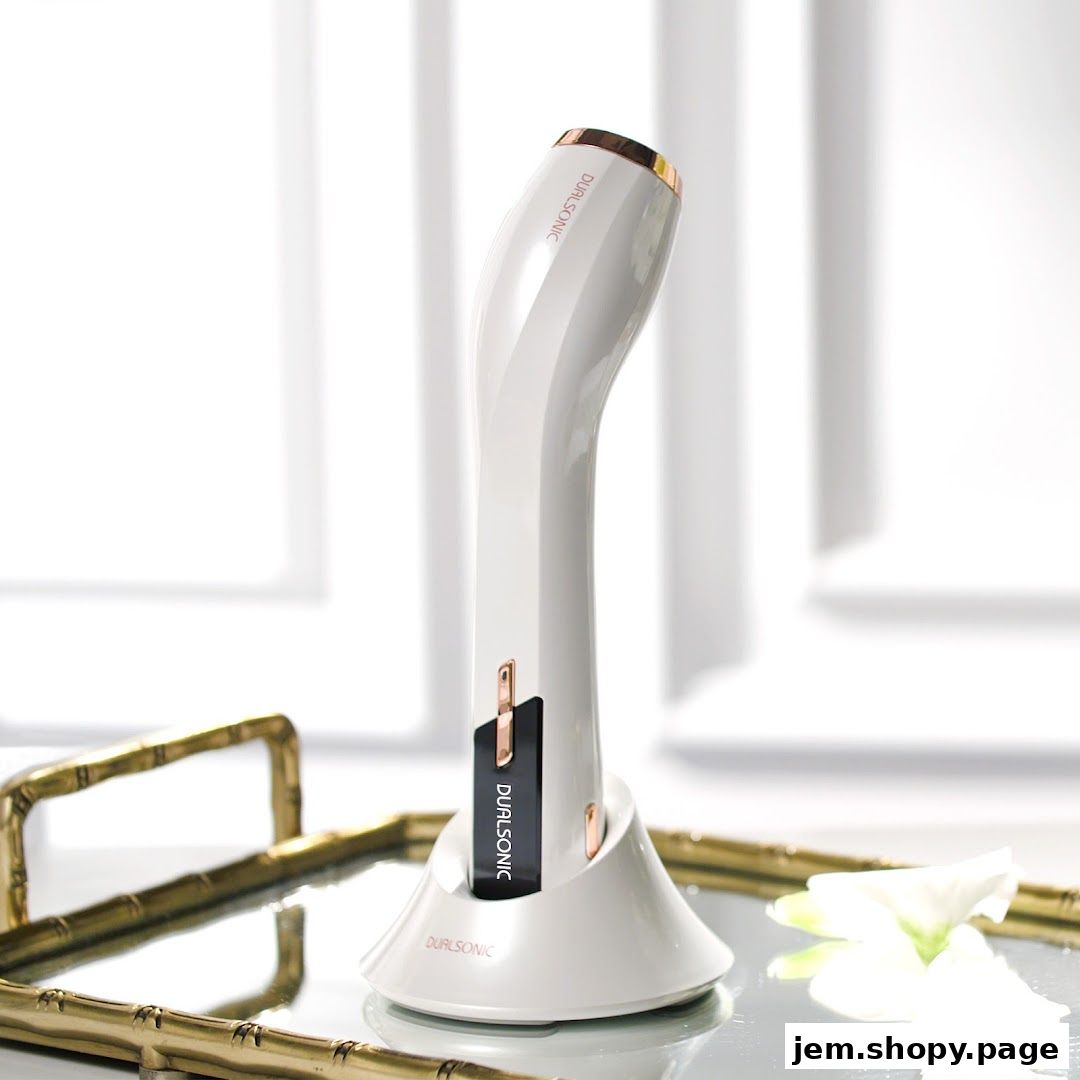 A sleek white DUALSONIC beauty device with rose gold accents sits on its charging base.