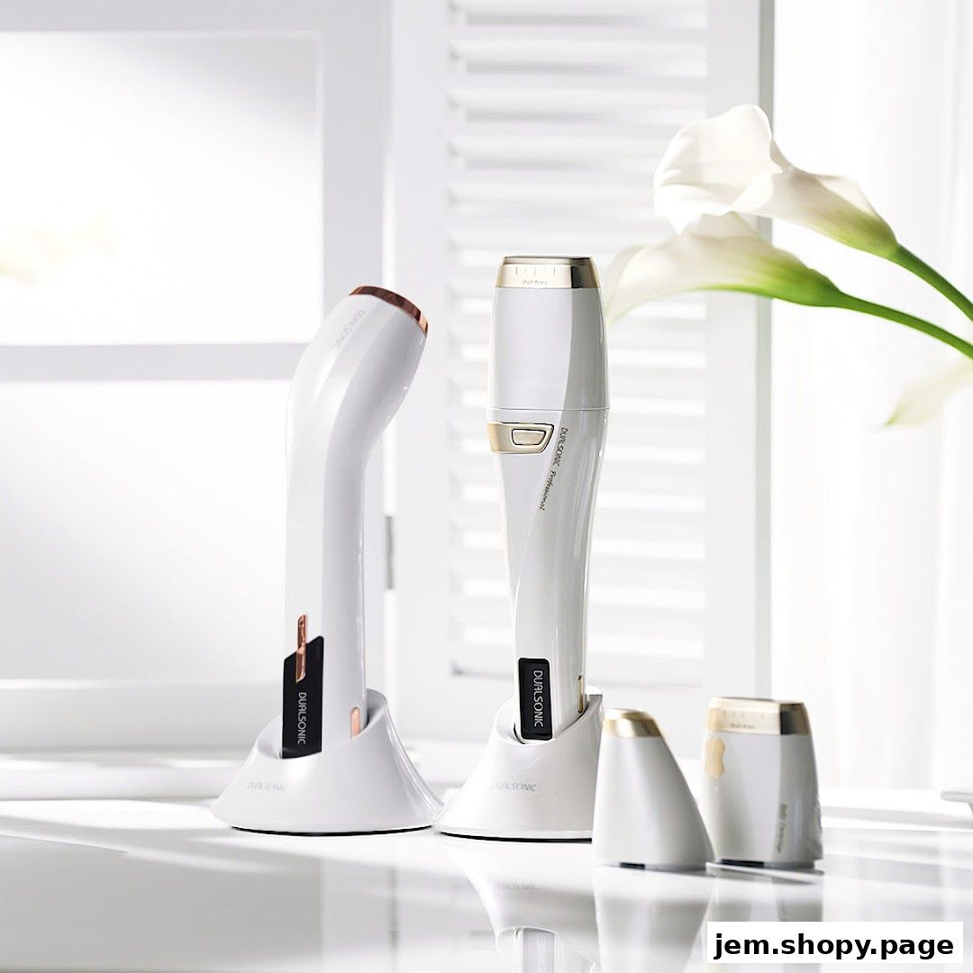Two white DUALSONIC beauty devices with gold accents and a vase of white calla lilies.