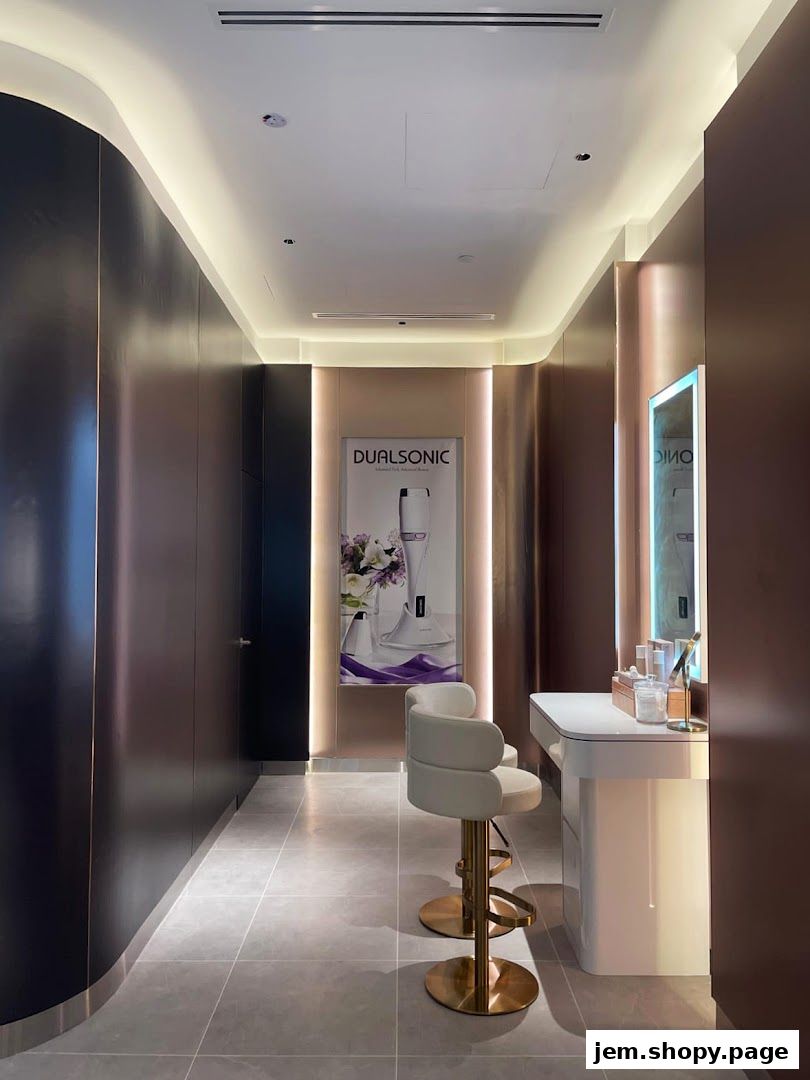 Interior of a modern beauty salon with sleek furniture and soft lighting.