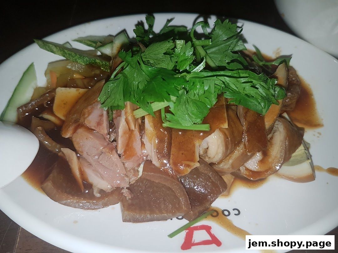 A plate of braised duck and offal in savory sauce, garnished with cilantro and cucumber.