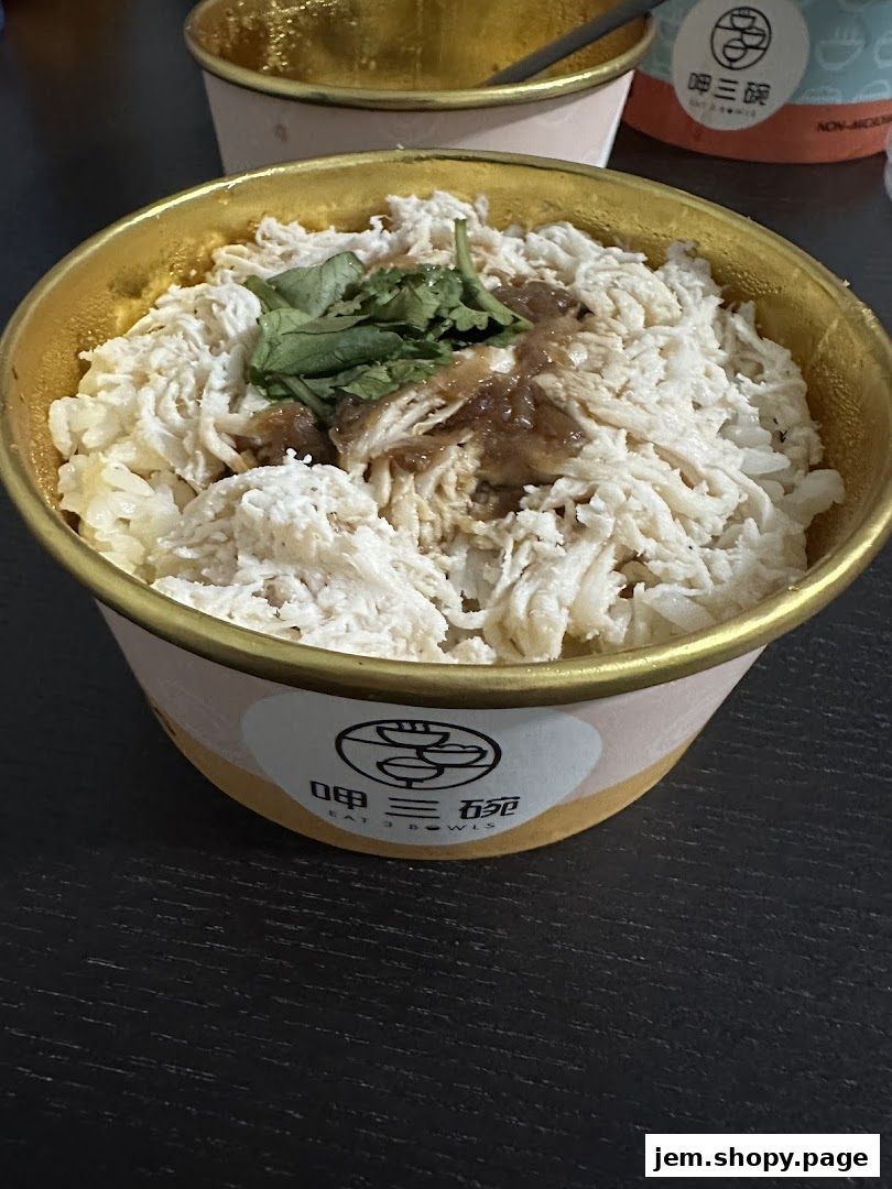 A close-up of a bowl of shredded chicken and rice topped with cilantro.