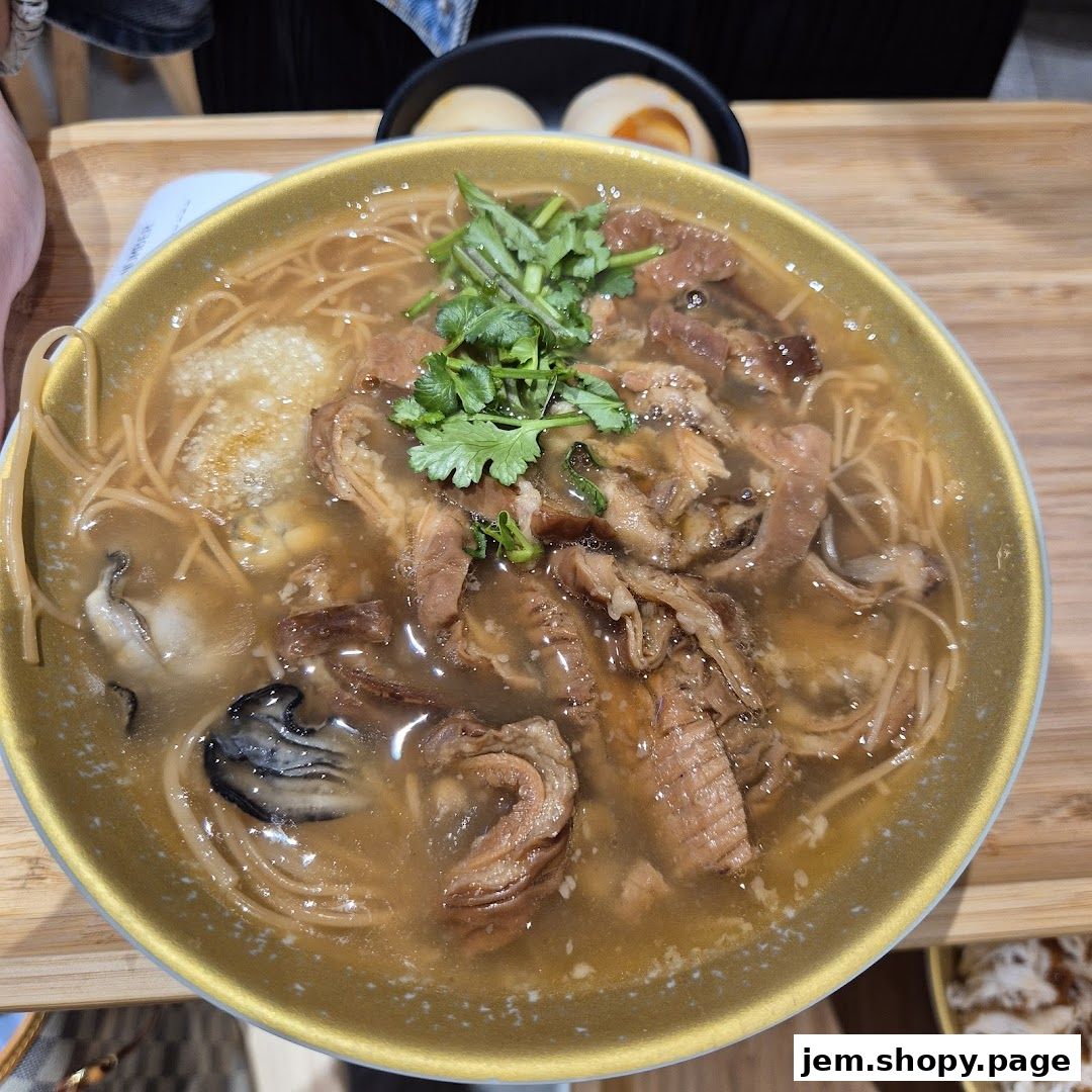 A close-up of a hearty bowl of noodles with meat and oysters, garnished with cilantro.