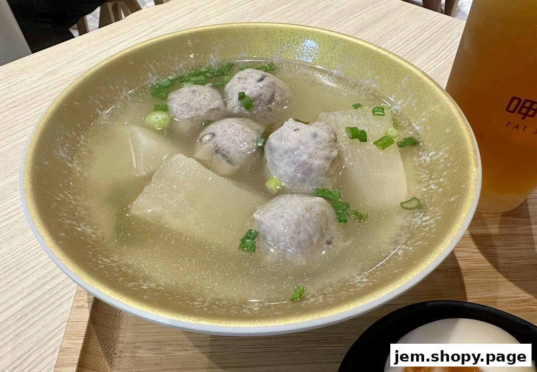 A bowl of clear soup with meatballs and radish, garnished with spring onions.