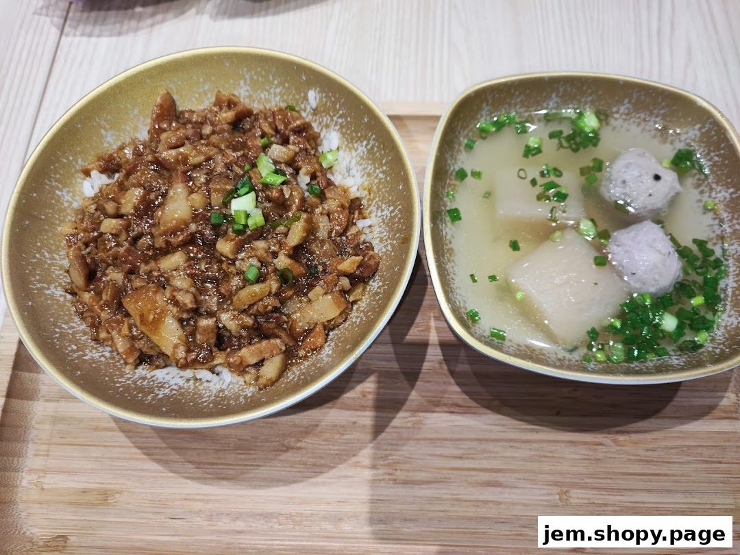 A close-up of two bowls of food: one with braised pork over rice, the other with soup and meatballs.