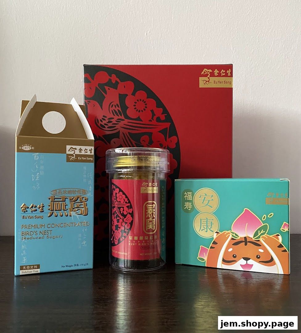 Eu Yan Sang products including bird's nest and gift boxes with festive designs.