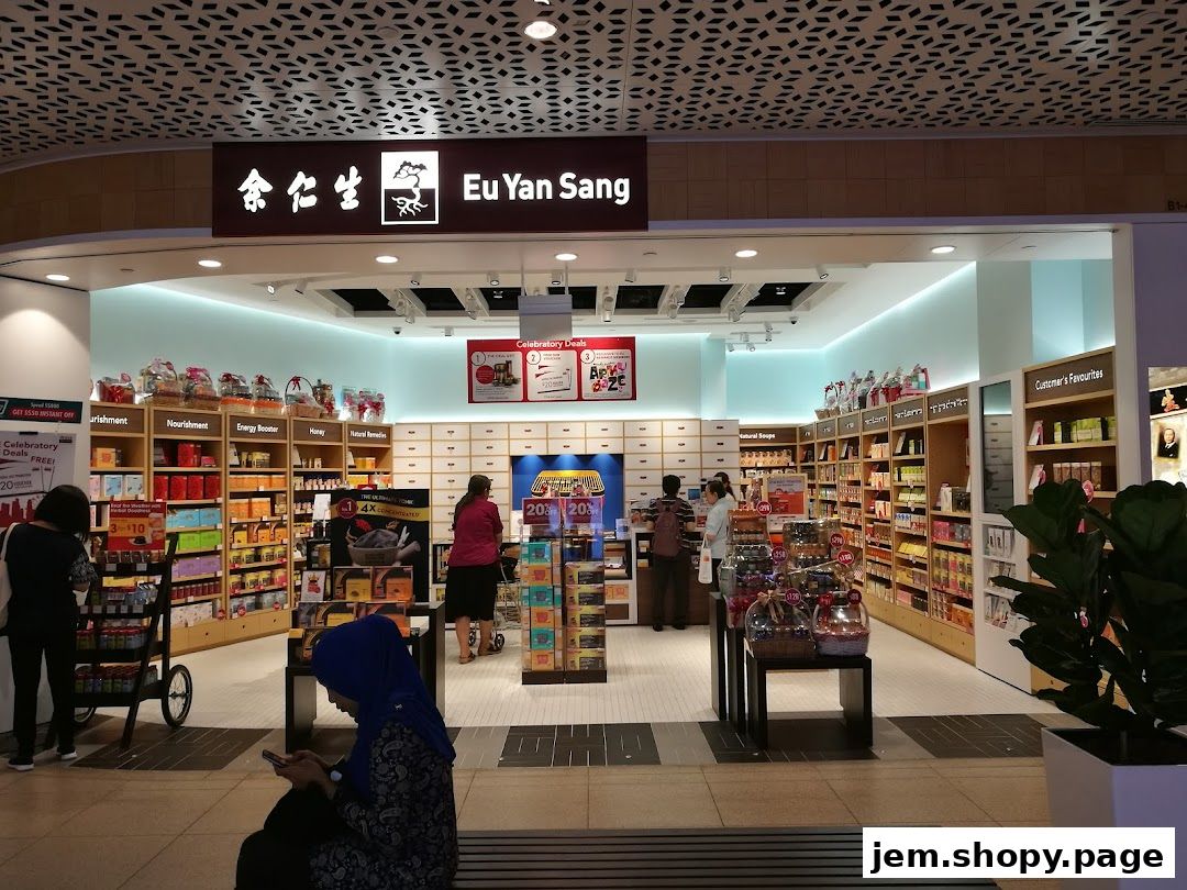 The exterior of a Eu Yan Sang shop, showcasing shelves stocked with health products and gift baskets.