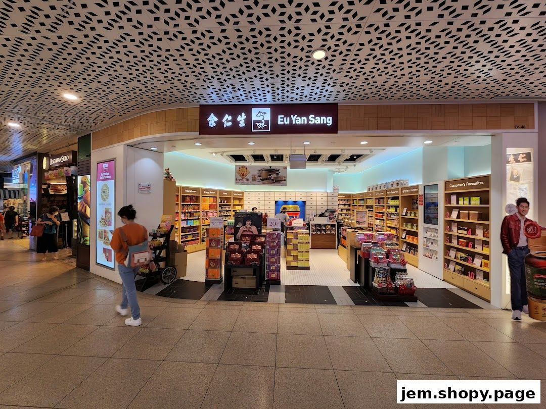 The exterior of the Eu Yan Sang shop, showcasing its products and entrance.