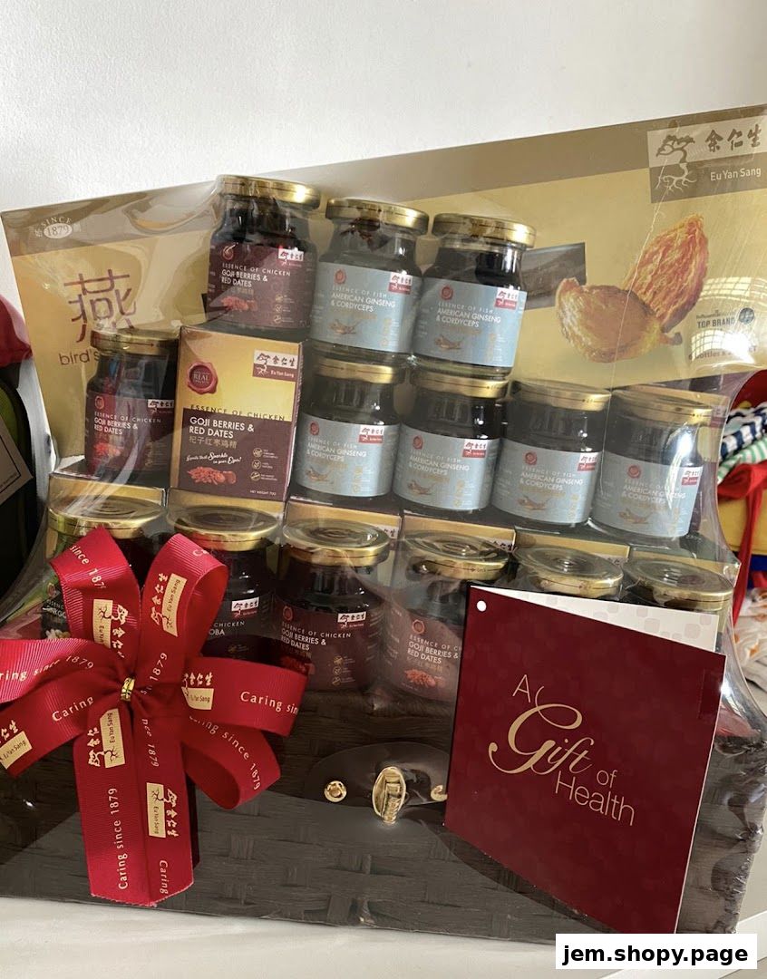 A gift basket filled with Eu Yan Sang health products, including essence of chicken and fish.