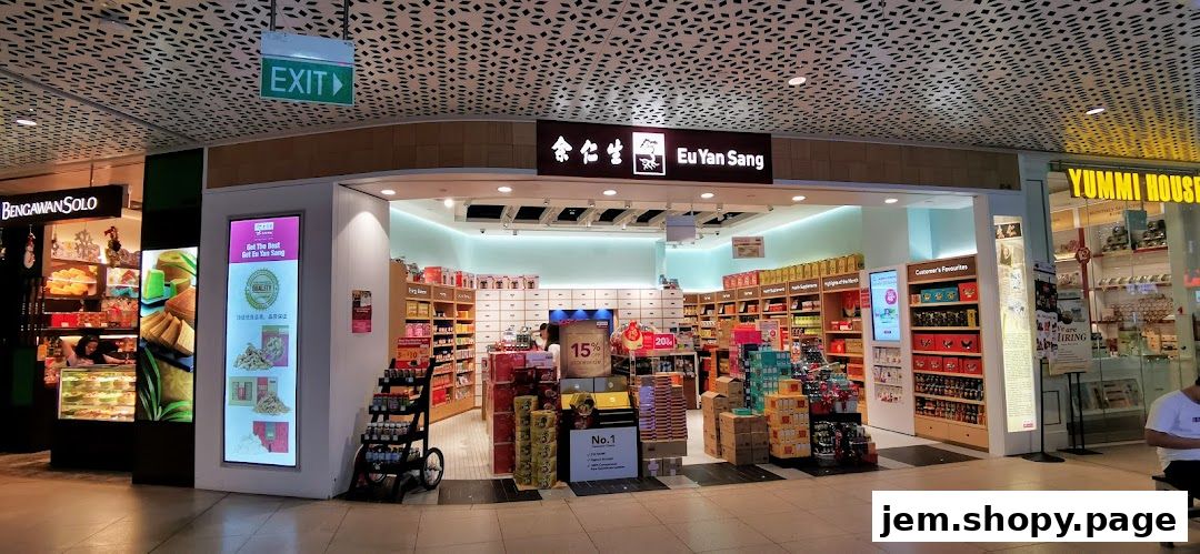 The exterior of the Eu Yan Sang shop, showcasing traditional Chinese medicine and health products.