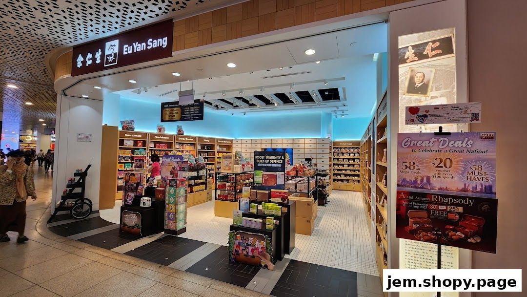 The exterior of a Eu Yan Sang shop, showcasing its products and promotional displays.